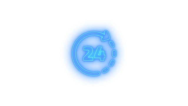 Neon glowing 24 hour rotating arrow icon with dashed clock outline on transparent background representing continuous cycle, around the clock service, time management and nonstop digital operation - Powered by Adobe