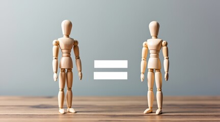 Equality and Human Rights - Two wooden human figures with a glowing equals sign, symbolizing equality, justice, and diversity