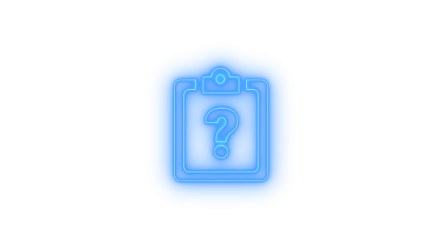 Neon glowing clipboard with question mark icon on transparent background representing faq, help request, form survey, inquiry, support ticket, troubleshooting, unknown task