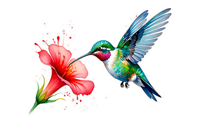 Obraz premium Vibrant watercolor hummingbird sips nectar from a lush red trumpet flower