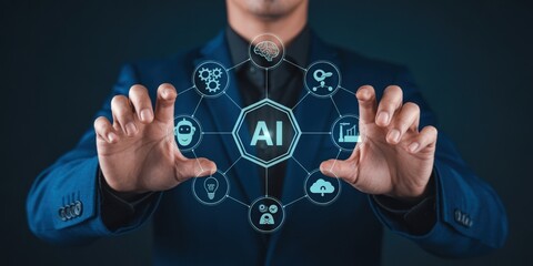 Artificial Intelligence (AI) - A businessman's hands interacting with a glowing "AI" text and a circular network of icons for a robot, brain, and cloud
