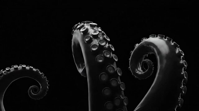A monochrome image features three octopus tentacles against a dark background