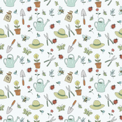 Cute Hand-Drawn Gardening Tools and Nature Seamless Pattern