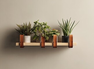 Minimalist wooden shelf with leather straps holds three potted succulents against a muted beige wall