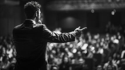 A man in a suit giving a presentation to a large crowd in a dark auditorium in black and white