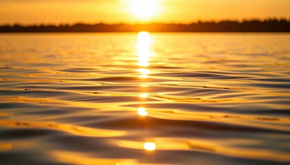 Naklejka premium Golden Hour Reflections: Serene Sunset on Calm Water