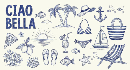 Ciao bella summer beach vacation doodle collection