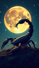 Naklejka premium A large black scorpion with its tail raised stands on textured ground against a bright full moon and starry night sky