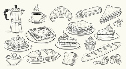 Hand drawn collection of delicious breakfast and dessert foods