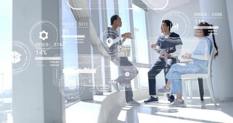 Medical team sipping coffee and tapping interface elements generating data icons for health data - Powered by Adobe