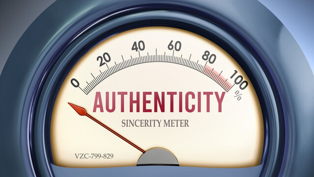 Authenticity and Sincerity Meter that hits less than zero, showing an extremely low level of authenticity, none of it, insufficient. Minimum value, lack of authenticity. ,3d illustration