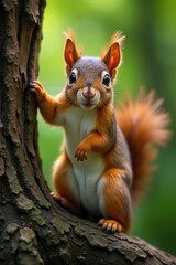 Fototapeta premium Close up of a red squirrel with fluffy ears and tail perched on a tree trunk against a blurred green background