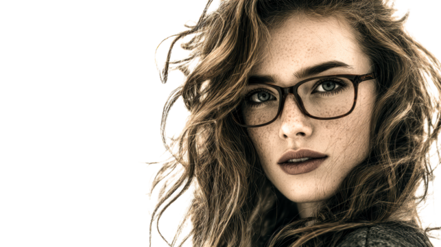 Young Woman with Freckles and Glasses Looking Directly Forward