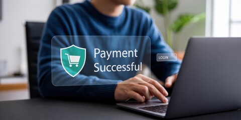 Secure Online Payment - A person typing on a laptop, with a glowing "Payment Successful" screen and a shopping cart with a shield, for secure e-commerce