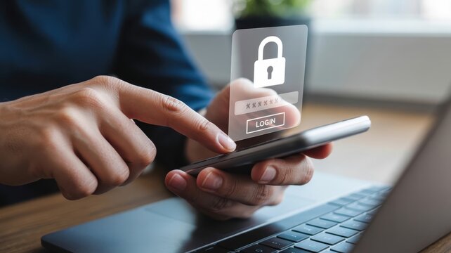 Mobile Security - A man using a smartphone and a laptop, with a glowing padlock icon and a login form, for online security