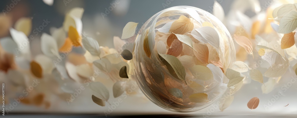 Poster abstract composition of floating autumn leaves in a transparent circular formation