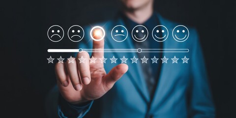 Customer Satisfaction - A man's finger touching a virtual slider for star ratings and emojis, symbolizing service evaluation and feedback