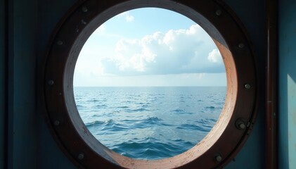 Fototapeta premium View of the calm sea and blue sky through a rustic porthole window Ocean