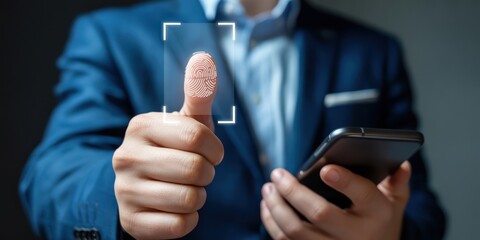 Biometric Security - A man's finger touching a smartphone screen with a glowing fingerprint icon, for secure user authentication