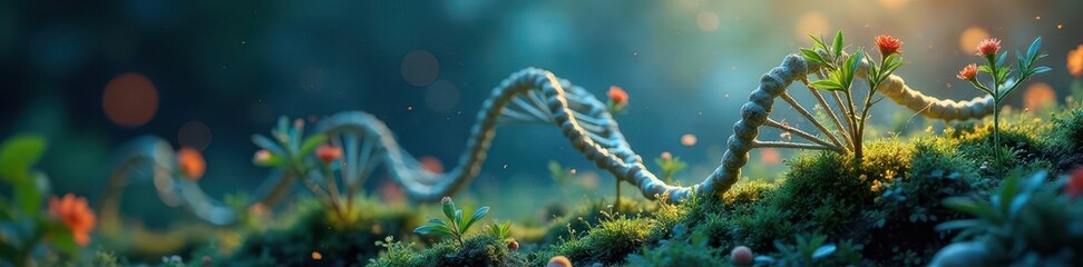 DNA helix winding through mossy ground with small plants and orange flowers