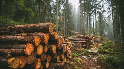 Cut-down trees lay in a stack in the cleared forest, a stark reminder of ongoing deforestation.