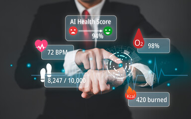 Businessman touching AI health monitoring interface showing vital signs including heart rate, oxygen levels, calories burned and health score. Digital healthcare technology and wellness tracking.