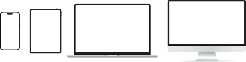 Modern laptop computer, monitor, tablet pc and mobile phone mockup front view, notebook mockup and phone device mockup