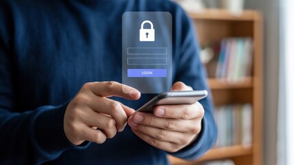 Secure Login - A man holding a smartphone, with a glowing padlock and a login form, for online security and data protection