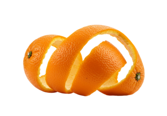 Orange with spiral peel transparent background fresh citrus fruit close up