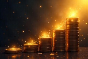 Stacks of gold coins ascend in a glowing sparkling display against a dark background