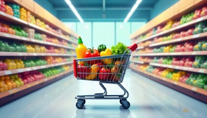 Shopping cart filled with fresh fruits and vegetables parked between aisles of colorful produce in a supermarket
