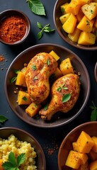 Roasted chicken drumsticks with diced pumpkin and couscous presented with spices