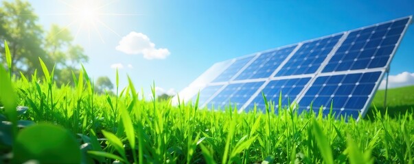 Solar panel array set against a bright blue sky with lush green grass in the foreground