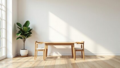 Minimalist dining set with two wooden chairs and a table near a large window with a potted plant