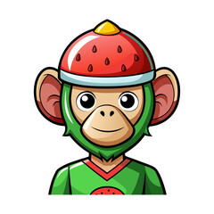 Playful Cartoon Monkey Wearing a Watermelon Helmet Vector Illustration for Fun Summer, Kids Apparel, Tropical Fruit Festival, and Whimsical Design Projects