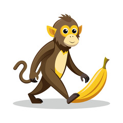 Playful Cartoon Vector of Cute Monkey Walking a Happy Pet Banana on Leash, Funny Whimsical Animal Fruit Character Illustration