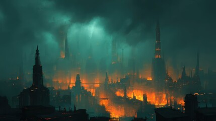Naklejka premium Post-Apocalyptic City with Glowing Ruins Under Dark Clouds