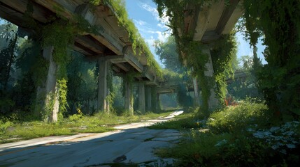 Overgrown Highway in Post-Apocalyptic Environment with Vines