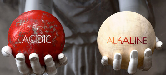 Acidic or Alkaline - decide between two options. Greek statue presenting a choice: acidic or alkaline, weighing their values. Looking at pros and cons. Presenting possibilities. ,3d illustration