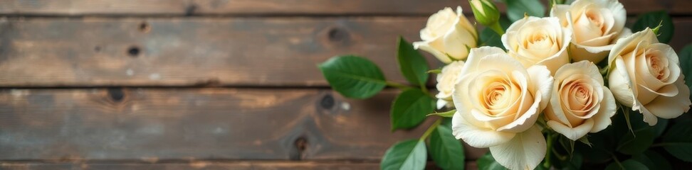 A cluster of cream colored roses with green leaves rests on a dark wooden background