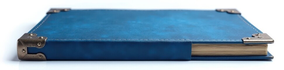 Deep blue leather journal, metallic corners, pristine white backdrop, sophisticated, vintage, item