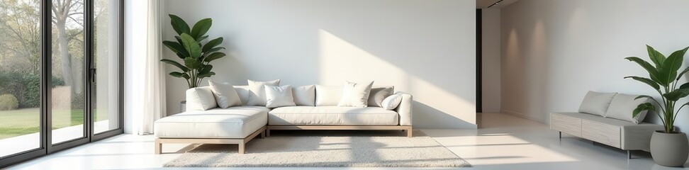 Modern spacious living room with large windows sectional sofa and potted plants