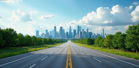 Open highway leading to a modern city skyline surrounded by lush green trees under a bright blue sky