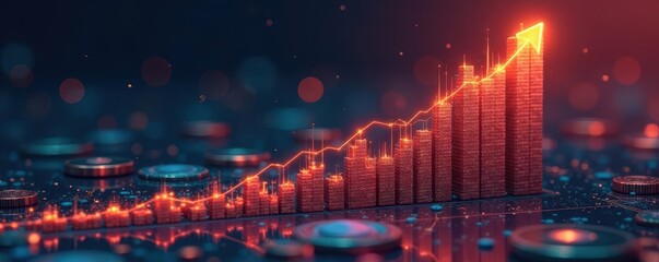 3D bar chart with rising arrow and blurred background symbolizing financial growth and success