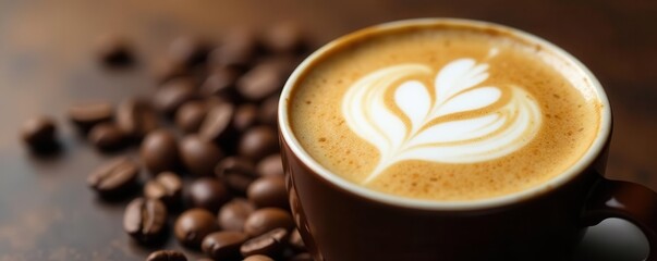 Close up of a latte coffee with heart art and scattered coffee beans Beverage