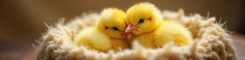 Two fluffy yellow chicks nestled close together in a soft textured nest