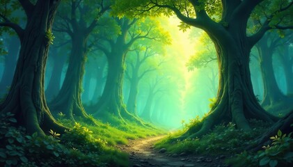 Enchanted forest path bathed in magical green sunlight ancient trees with mossy roots