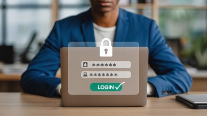 Secure Login - A man at a laptop with a glowing login form and a padlock icon, symbolizing online security and a successful password entry