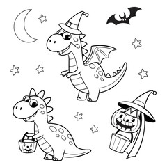Halloween Coloring Pages of Cute and Magical Dinosaurs  Vector Illustration for black and white