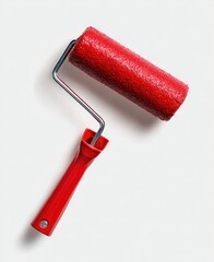 Red paint roller with a textured sleeve, metallic frame, and plastic handle, isolated on a white background, casting a slight shadow